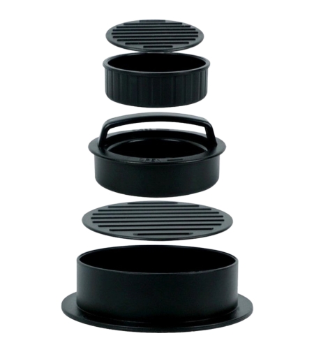 Presa dubla pentru hamburgeri 2 in 1, forma si presa, doua dimensiuni, cu maner, usor de curatat si folosit, material ABS, 100 de foi hartie de copt incluse, 13x13.5x7 cm, fara lipire, neagra