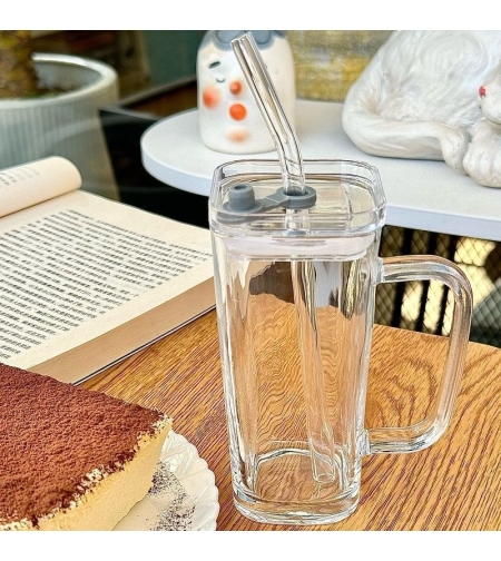 Pahar pentru Racoritoare, Flippy, din Sticla, 330 ml, cu Pai si Maner, Model Clear, Transparent