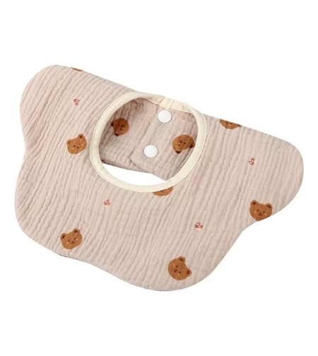 Baveta Tip Floare, Flippy, din Bumbac, pentru Copii 0-12 Luni, Rezistenta la apa, cu Capse, Model cu Ursuleti, 26 x 29 cm, Crem