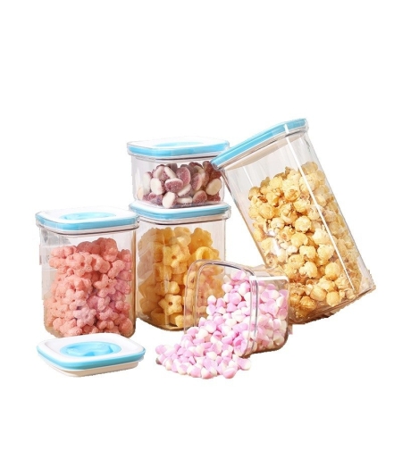 Set 5 Cutii de Depozitare pentru Bucatarie, Flippy, 2 x 600ml, 2 x 1.3L, 1 x 2L, din ABS+PET+Silicon, Capac Alb/Albastru, 23 x 10 x 10 cm, Transparent