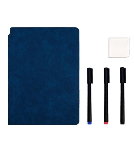 Set Agenda A5 Reutilizabila cu Pagini Tip Tabla, Agenda Pagini Albe cu Stergere Uscata, 3 Markere, 1 Burete și 1 Laveta de sters, Portabila, 24 x 16.5 cm, Coperta Piele, Albastru