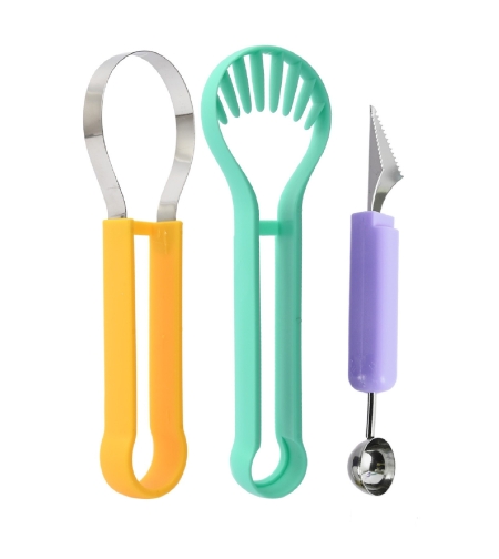 Ustensila bucatarie 4 in 1 pentru taiat si decorat fructe Flippy, material inox si plastic, compact, 28x6.2 cm, multicolor