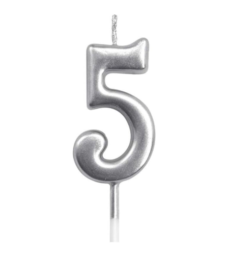 Lumanare de Tort, Flippy, Model Cifra 5, Party, 4.5 x 2.5 cm, din Parafina, Argintiu