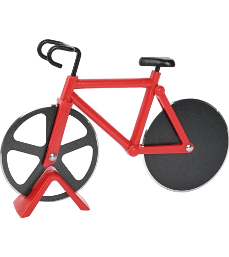 Cutit pizza creativ Flippy, in forma de bicicleta, cu suport pentru cutit, 19 x 12.5 cm, otel/PP, negru