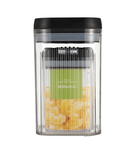 Cutii de Depozitare Alimente, Flippy, Set din 2 Cutii de Tip Container de 0.8 si 1.3 l, Recipiente pentru Cereale in Bucatarie, Transparente cu Capac Negru