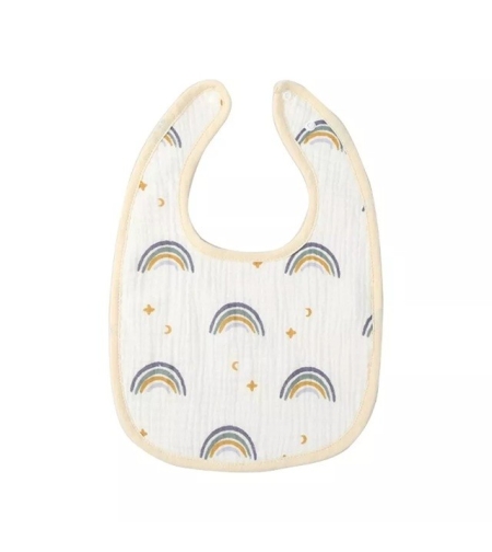Baveta in Forma de U, Flippy, din Bumbac, pentru Copii 0-12 Luni, Rezistenta la Apa, cu Capse, Model Curcubeu, 21x30 cm, Bej