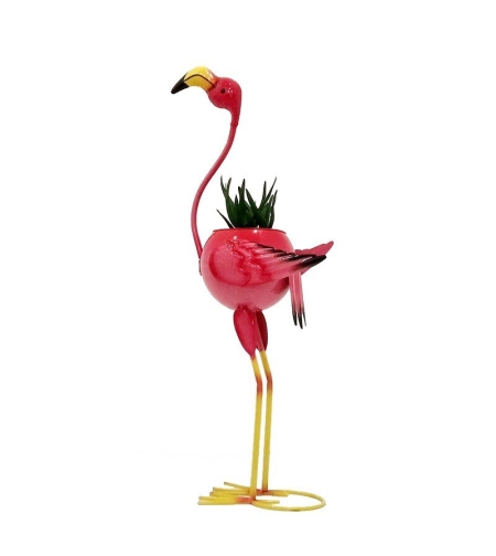 Decoratiune pentru Gradina, Flippy, Flamingo pentru Gradina cu Suport pentru Plante Flori, Ornament de Ghiveci de Flori, Model Flamingo, din Fier, 73 x 34 x 22 cm, Roz