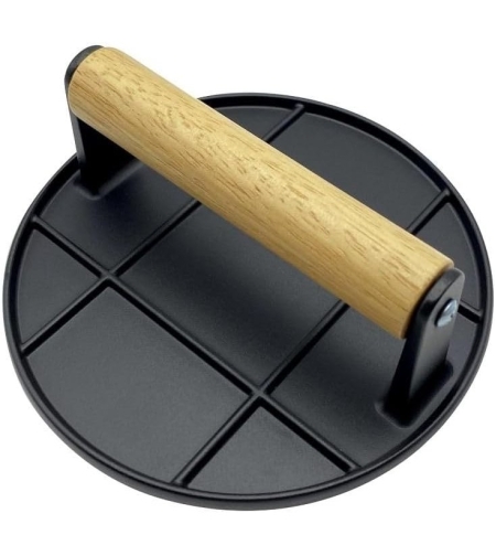 Presa Manuala pentru Carne, Flippy, din Aliaj de Aluminiu, Maner din Lemn, Presa pentru Burgeri, Usor de Curatat si Folosit, Rotunda, 16x16x6 cm, Neagra