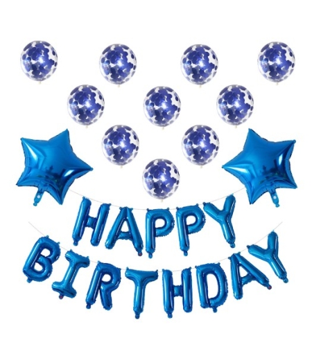 Set 12 Baloane si 1, Set pentru Aniversare, mesaj Happy Birthday, din folie de aluminiu, 30 -45 cm, Cu paiete, latex si folie, Albastru
