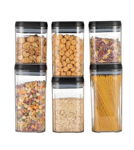 Cutii de Depozitare Alimente, Flippy, Set din 6 Cutii de tip Container, Recipiente pentru Cereale in Bucatarie,  Transparente cu Capac Negru