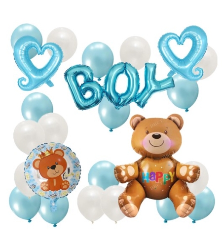 Set 25 Baloane, Flippy, din Latex si Folie de Aluminiu, Model Ursulet/Boy, Diferite Marimi, Albastru
