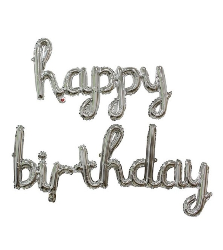 Set 10 Baloane din Folie Metalizata, Flippy, Figurine Litere, Model Scris de Mana Happy Birthday, Tema Aniversare, 40 cm, Ambalaj Individual, Pai Inclus, Umflare cu Aer sau Heliu, Argintiu