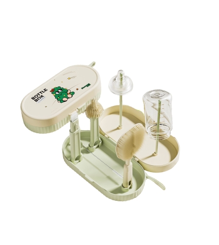 Set 7 Piese de Spalat/Uscat Biberoane, Flippy, Portabil, Peri de Silicon, pentru Tetine, Suzete, Biberoane, Paie, Cutie Inclusa, 20 x 9.5 cm, Verde