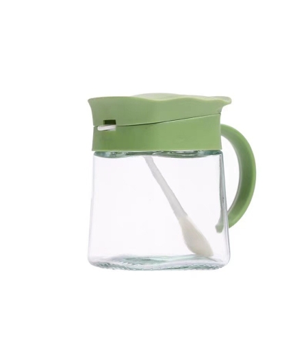 Recipient Condimente, Flippy, din Stilca, 180 ml, cu Maner si Lingurita, 11.3 x 8.2 cm, Capac Ondulat, Verde