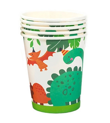 Set 10 Pahare de Carton Happy Birthday, Flippy, Model Dinozauri, Tematica Aniversare, 7.5x8.5 cm, 200 mL, Multicolor