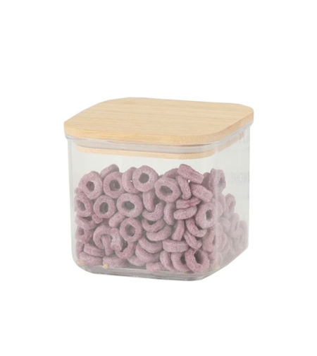 Cutie de Depozitare Alimente, Flippy, Cutie de tip Container, Cutie pentru Cereale, din Plastic, Capac din Bambuc, 10 x 10 x 8 cm, Volum 0.5 L, Transparenta