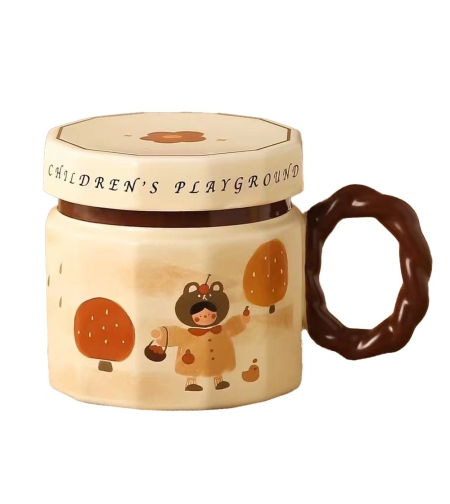 Cana din ceramica, Flippy, Cana pentru Cafea, Ceai, Cana Universala, Unisex, Cana cu Capac, 9 x 8 x 8 cm, 400 ml, Model Fetita, Bej