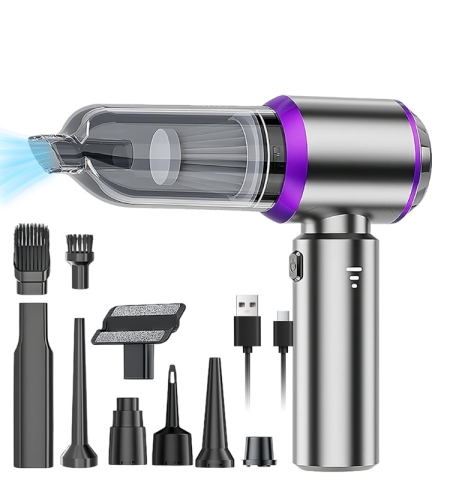 Aspirator Portabil Auto, Flippy, pentru Casa si Masina, 3 Viteze, Incarcator Tip-C cu Incarcare Rapida, Tub Prelungitor, 2000mAh, 7 Capete de Aspirare si Suflare, 21x20x6.5 cm, Argintiu Mov