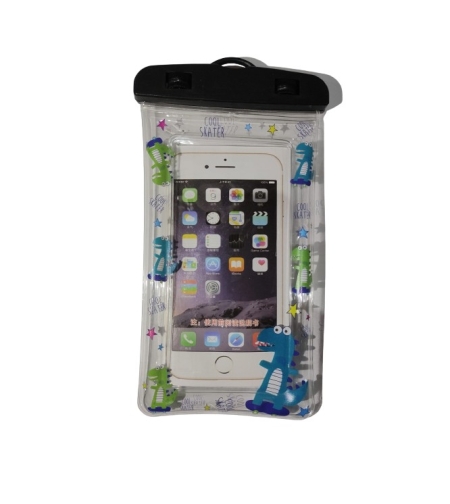 Husa subacvatica Kids Waterproof Flippy, Snowproof, Universala, cu Snur, pentru telefon sau documente, Dino, Negru