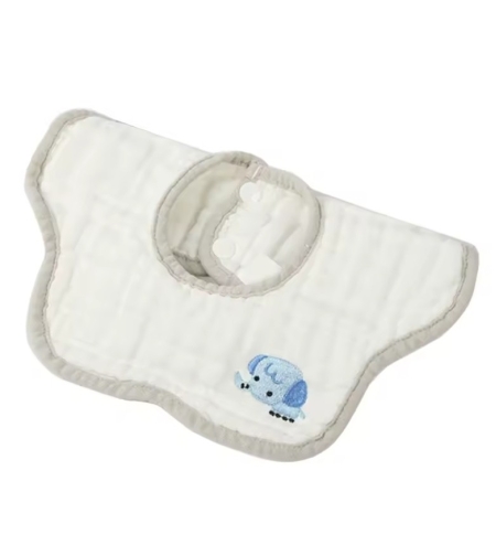 Baveta Tip Floare, Flippy, din Bumbac, pentru Copii 0-12 Luni, Rezistenta la apa, 8 Straturi, Model Tricotat cu Elefantel, 26 x 29 cm, Alb