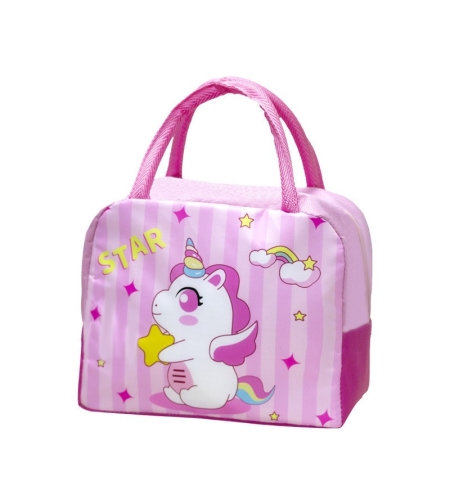 Geanta Termoizolanta pentru Copii, Flippy, 23x13x19 cm, Model Imprimeu Unicorn, din Folie de Aluminiu si Panza Oxford, Roz