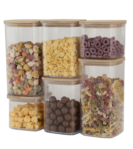 Cutii de Depozitare Alimente, Flippy, Set din 6 Cutii de tip Container, Cutii pentru Cereale, din Plastic, Capac din Bambuc, 2pc 0.5 l. 2pc 0.8 l, 2pc 1.2 l, Transparente