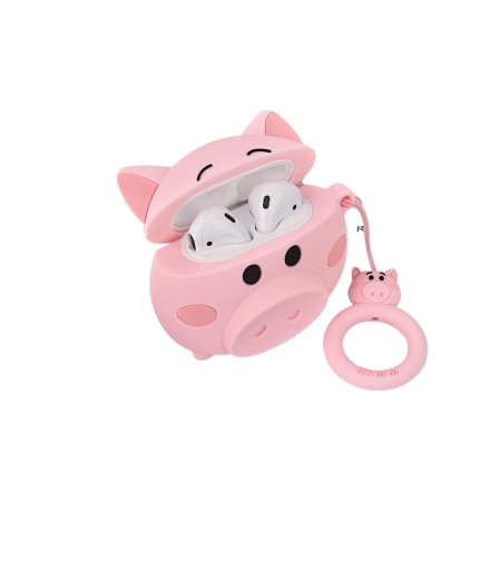 Husa AirPods cu Inel Prindere Porc Roz