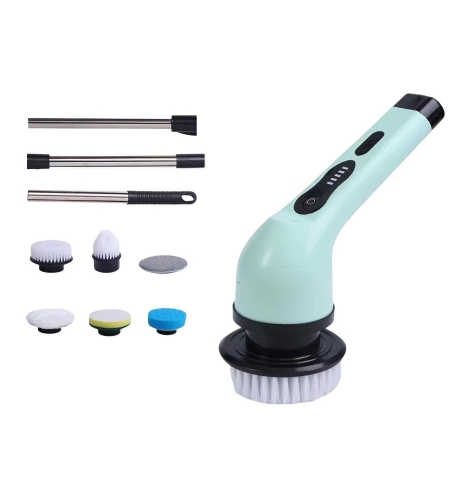 Perie Electrica de Curatare, Flippy, pentru Gresie, Baie, Bucatarie, 25x20x9.5 cm, cu 6 Capete, Maner Extensibil Detasabil 84-127cm, Incarcare USB-Type C, Rotire 360 de Grade, 3000 mAh, Culoare: Verde