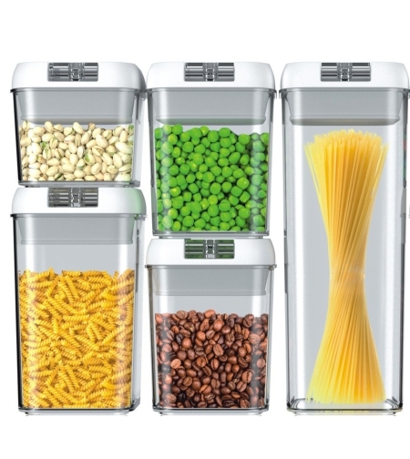 Cutii de Depozitare Alimente, Flippy, set din 5 Cutii pentru Condimente, Volumetrie 0.5l, 0.8l, 1.2l, 1.9l, Transparente cu Capac Alb