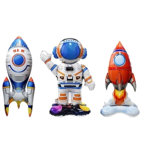 Baloane din Folie Metalizata, Flippy, set 3 Baloane pentru Baieti, Model Astronaut 49 x 69 cm, Racheta Alba 31 x 61 cm, Racheta Rosie 36 x 69 cm, Pai din carton inclus, Multicolor