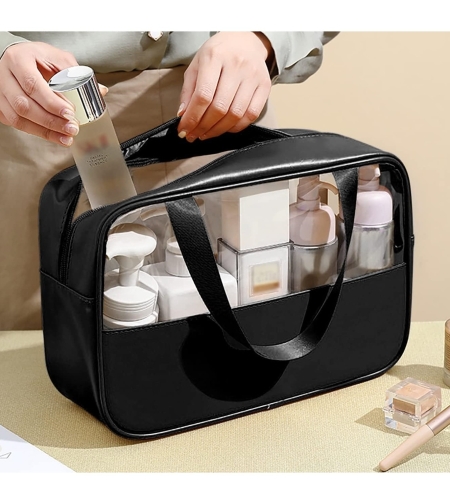 Geanta cosmetice Flippy, pentru voiaj sau organizare, material PVC/textil, impermeabila, portabila, 26 x 15 x 10 cm, negru