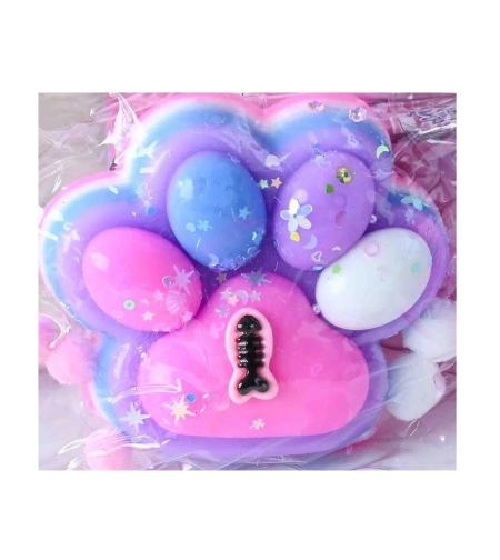 Jucarie Antistres Squishy, Flippy, cu Revenire Lenta, Model Labuta de Pisica, cu Pestisor, 220g, 12.5 x 10.5 cm Squeeze Pinch Family, Ambalaj Transparent, Roz-Multicolor