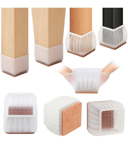 Set 16 Protectii pentru Picioare Scaun si Podea, Flippy, Universale din Silicon, Model Patrat, Alb Transparent