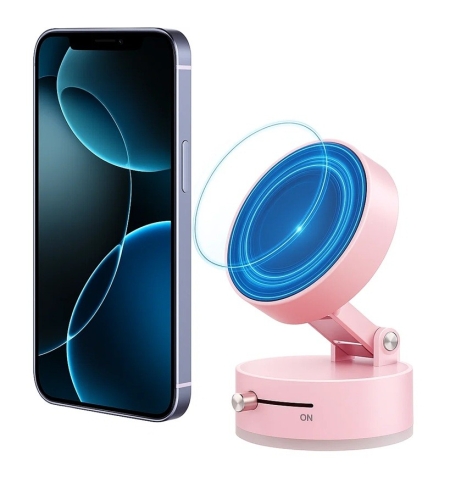 Suport Magnetic Auto pentru Telefon, Flippy, cu Ventuza, Pliabil și Retractabil, Fixare prin Vid și Magnet, Rotativ 360°, Roz