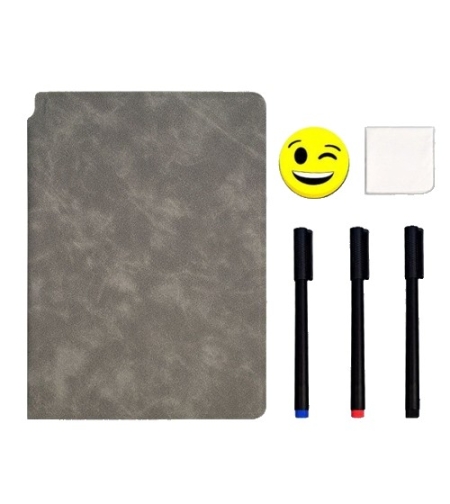 Set Agenda A5 Reutilizabila cu Pagini Tip Tabla, Agenda Pagini Albe cu Stergere Uscata, 3 Markere, 1 Burete și 1 Laveta de sters, Portabila, 24 x 16.5 cm, Coperta Piele, Maro