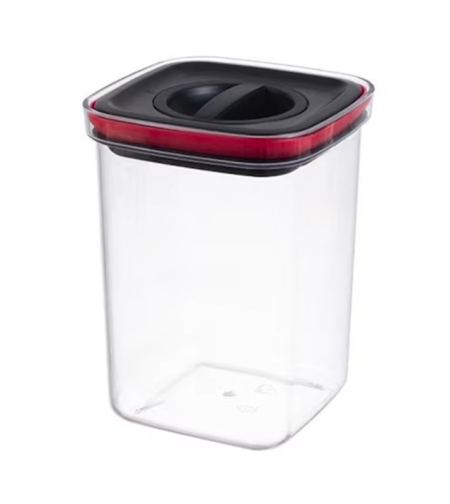 Cutie de Depozitare Alimente, Flippy, Cutie de tip Container, Recipient pentru Cereale in Bucatarie, 11.5 x 11.5 x 15 cm, volum 1200 ml, Transparenta cu Capac Negru