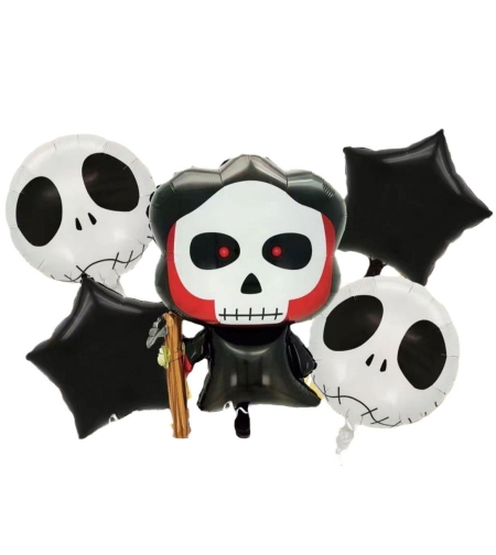 Set 5 Baloane din Folie Metalizata, Flippy, Figurine, Tema Halloween, Pai Inclus, Ambalaj Individual, Umflare cu Aer sau Heliu, Figurina Craniu 50.5x74 cm, Stelute si Cerculete 45 cm, Alb-Negru