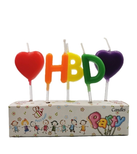 Set 5 Lumanari de Tort, Flippy, Model Inimi, Litere HBD, 1.8 x 2.7 cm, din Ceara, Multicolor