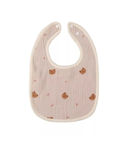 Baveta in Forma de U, Flippy, din Bumbac, pentru Copii 0-12 Luni, Rezistenta la Apa, cu Capse, Model cu Ursuleti,  21x30 cm, Bej