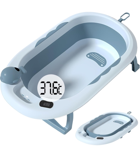 Cada de Baie, Flippy, pentru Copii 0 luni - 6 Ani, cu Termometru, Pliabila, Perna Suport Inclusa, din Plastic, 81.5 x 49 x 21.5 cm, Albastru
