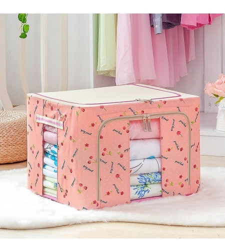 Cutie de Depozitare Pliabila, Flippy, 24 L, Panza Oxford, 40x30x20 cm, Fereastra Frontala, 2 Usi de Acces cu Fermoar Bidirectional, Cadru Metalic, Suport Baza Stabil din Plastic, Imprimeu Cirese, Roz