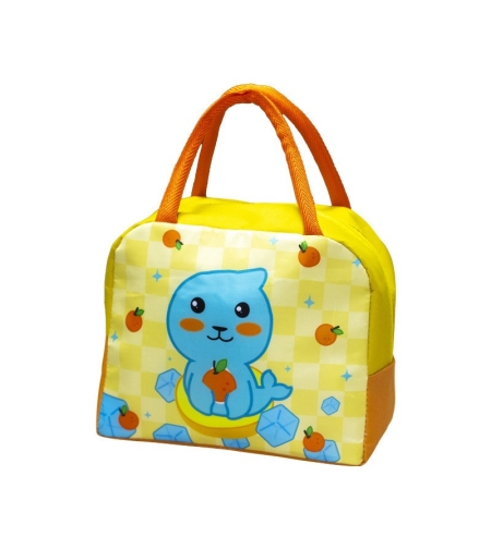 Geanta Termoizolanta pentru Copii, Flippy, 23x13x19 cm, Model Imprimeu Foca, din Folie de Aluminiu si Panza Oxford, Galben/Portocaliu