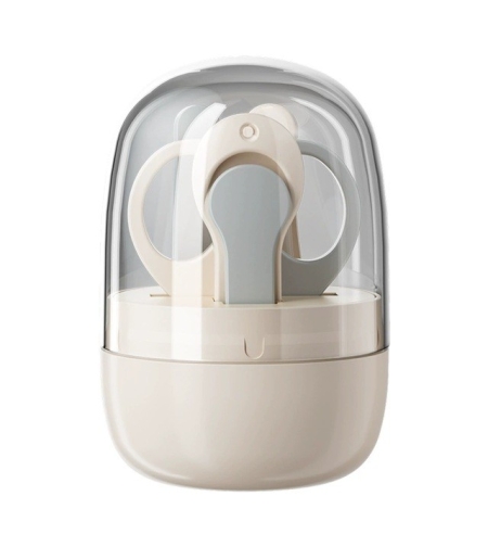 Set 4in1 de Ingrijire Unghii pentru Bebelusi, Flippy, Cutie de Depozitare Tip Borcan, 0-6 Ani, 10 x 7 x 6 cm, Alb/Gri