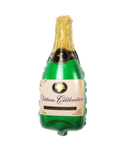 Balon din Folie Metalizata, Flippy, Mini Figurine, Model Sticla de Sampanie, 21x51 cm, Ambalaj Individual, Pai Inclus, Umflare cu Aer sau Heliu, Verde