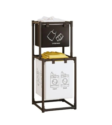 Cos de Rufe, Flippy, cu 2 Etaje, 2 Cosuri, Cadru de Otel Inoxidabil, 97x44x31 cm, Negru