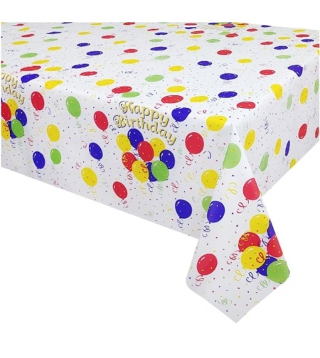 Fata de Masa, Flippy, din PEVA, Imprimeu Happy Birthday cu Baloane, 137 x 274 cm, Impermeabila, Fara Pete, Curatare Rapida, Multicolor