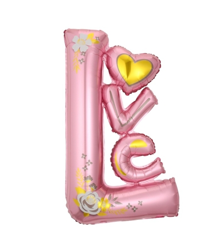 Balon din Folie Metalizata, Flippy, Figurine, Model LOVE, Tematica Iubire, 110x64 cm, Ambalaj Individual, Pai Inclus, Umflare cu Aer sau Heliu, Roz