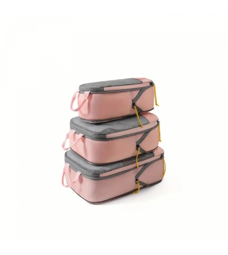 Set 3 Genti de Calatorie Flippy, Pentru Depozitare, Compresibile, 3 Dimensiuni, Mic, Mediu, Mare, Impermeabile, Fermoar Dublu, Roz