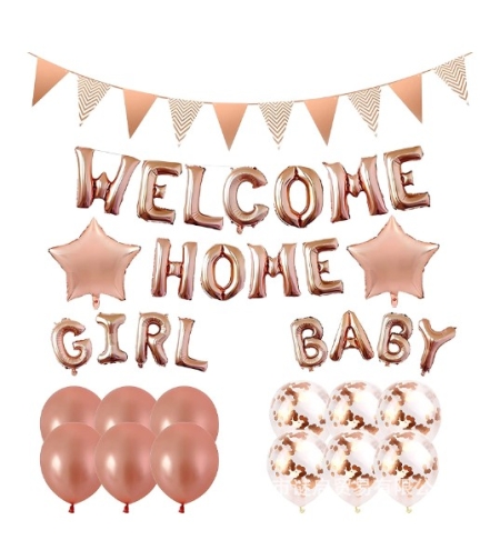 Set baloane folie si latex, Flippy, WELCOME HOME, 16 piese, 12 baloane latex, 2 baloane folie, 1 set Welcome Home Baby Girl,1 Banner, Rose gold
