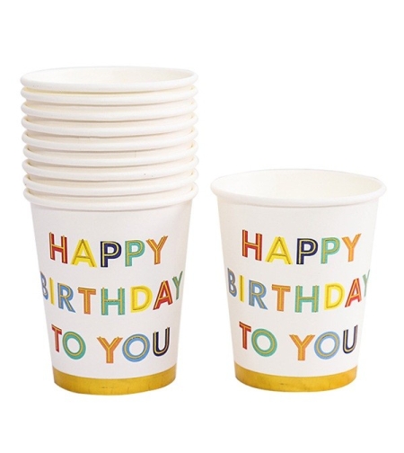 Set 10 Pahare, Flippy, Imprimeu Happy Birthday to You, din Carton, 250 ml, 7.5 x 8.5 x 5.2 cm, Multicolor